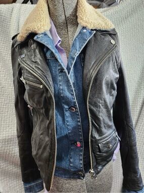 Doma Black Leather Jacket with Cream Shearling Collar Style #6734